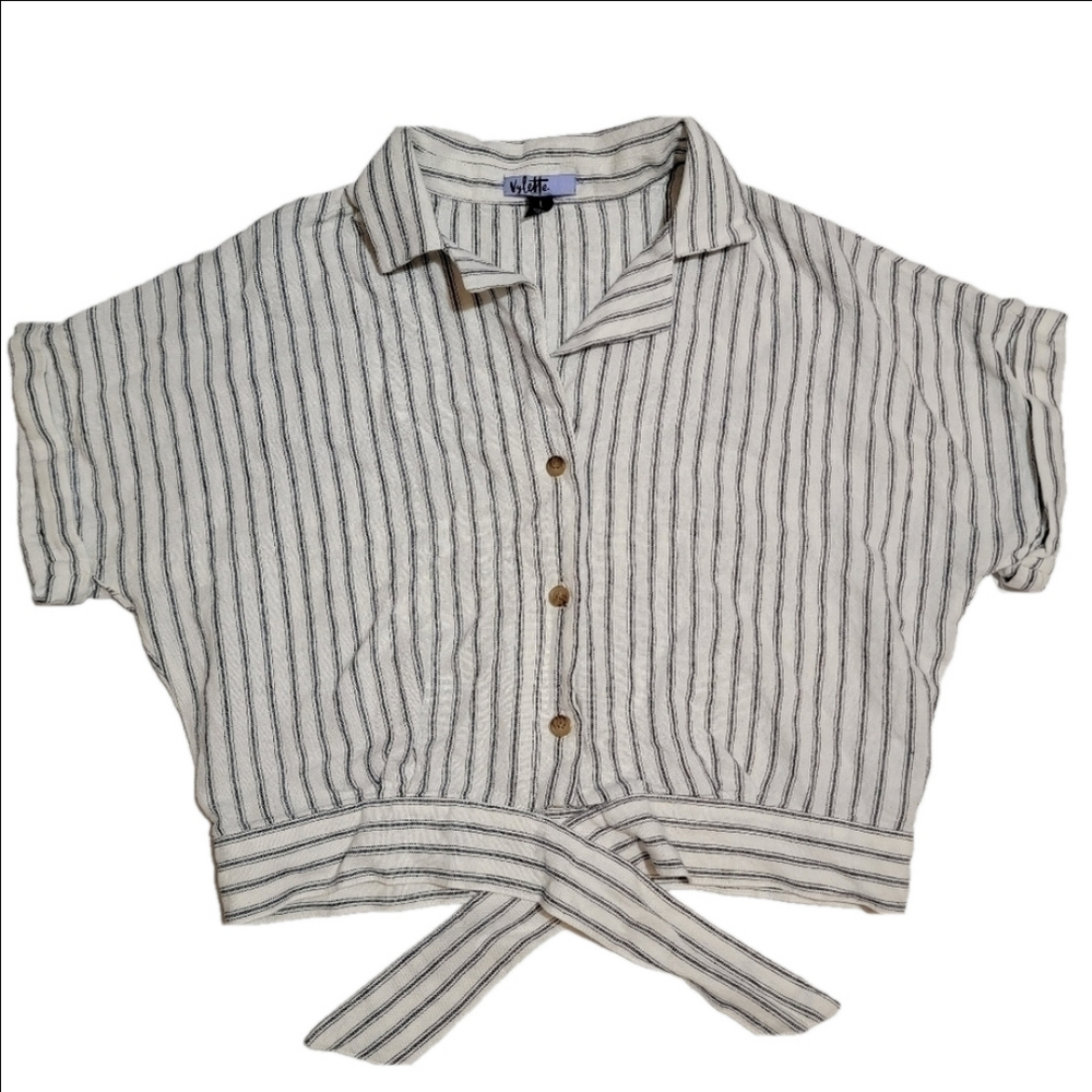 Vylette Tie Front Camp Shirt Linen Blend L Cropped Blouse Tie Front Striped